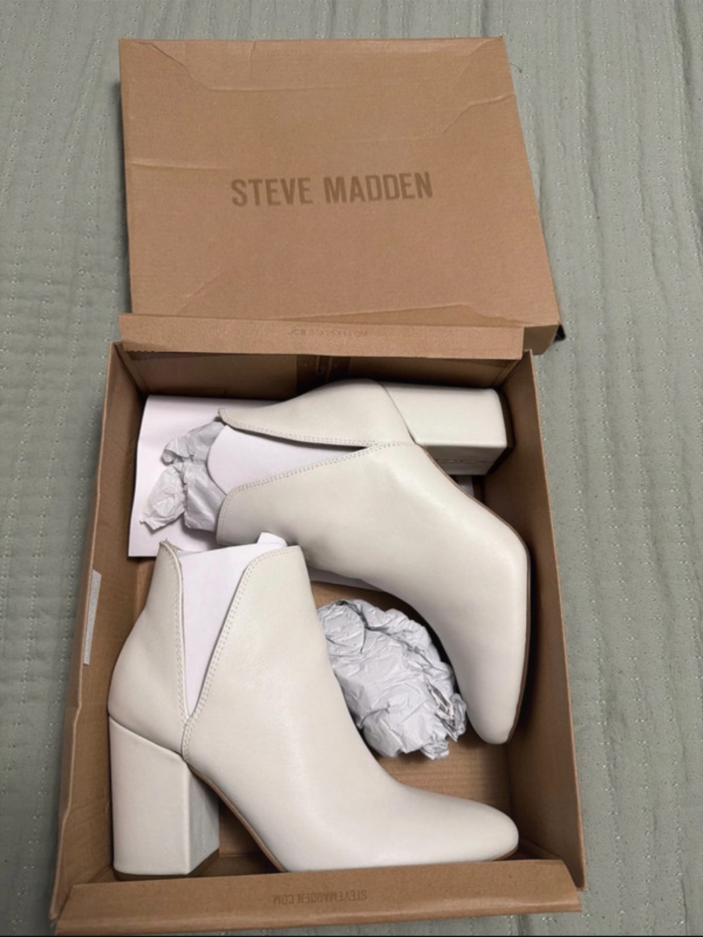 Steve Madden Cream White Leather Block Heel Booties